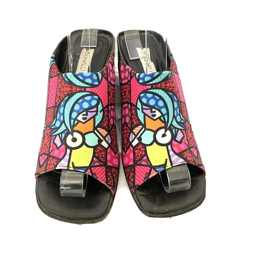 Donald Pliner Fabric Wedge Mules Shoes Fun Colorful Romero Britto Print Size 6.5